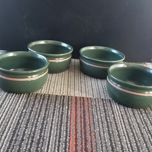 Green cream Olive Pottery bowls set of 4 signed heavy handmade kitchen serving