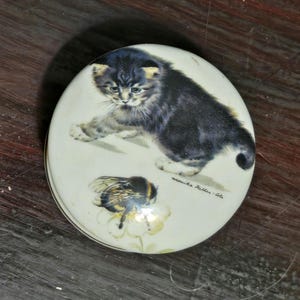 May include: A round, off-white trinket box with a painted illustration of a kitten and a bumblebee. The kitten is gray and black, and the bumblebee is yellow and black. The box has the artist's signature, "monika fallen-lola."