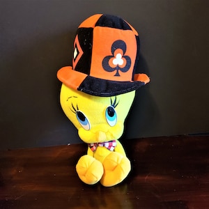 Cartão vintage Tweety Bird de pelúcia de 14" combina com cartola com gravata borboleta Looney Tunes