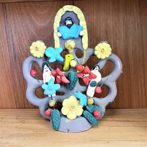 Candelabro in ceramica di argilla, arte popolare messicana, albero della vita vintage, Adamo Eva