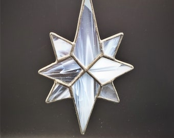 Handcrafted stained glass Star Christmas suncatcher in Blue, White and Gray wispy