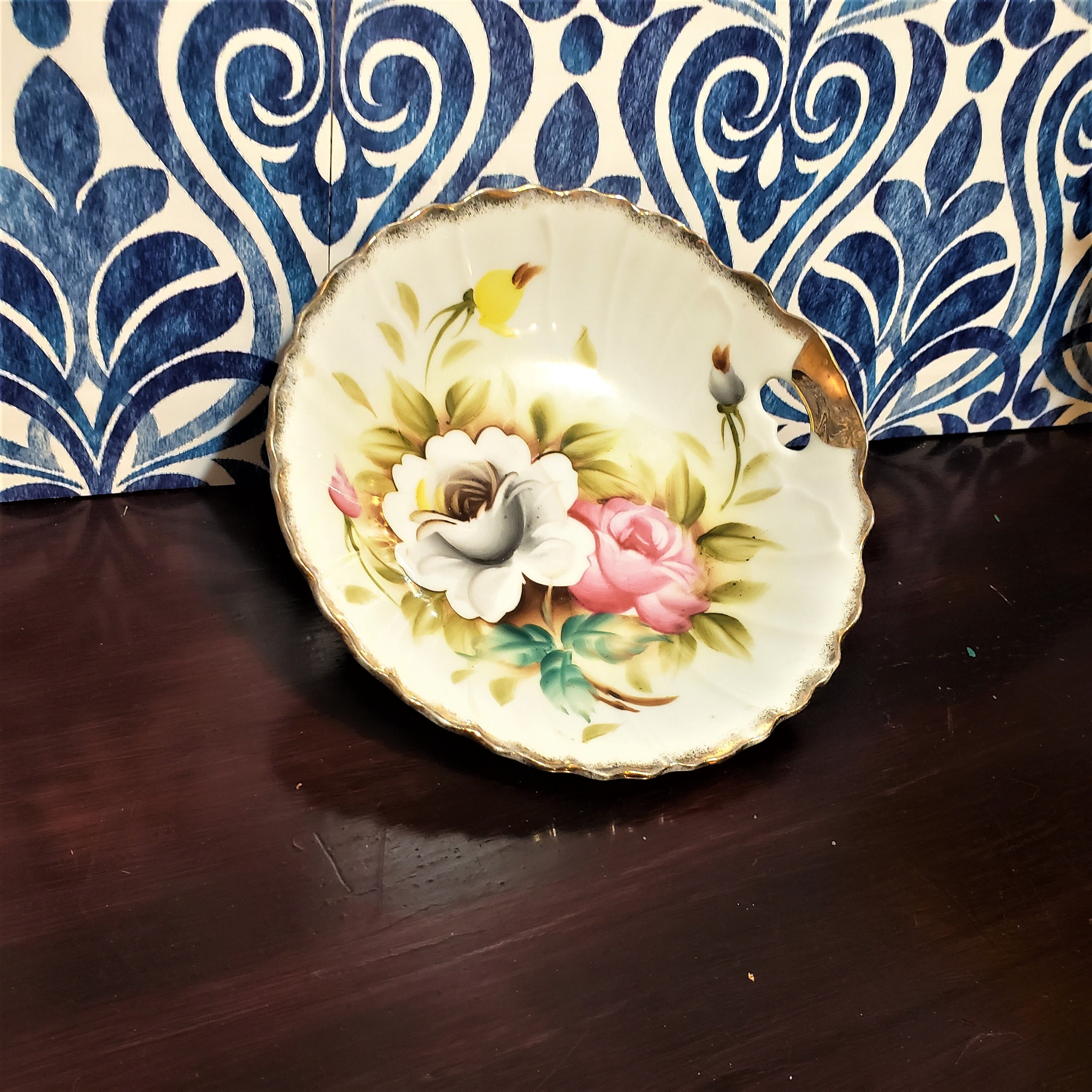 レフトン チャイナ ハンドル付きプレート ティディットトレイ 手描き