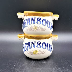 Vintage Pottery Bean Soup Bowls Mugs Cups Double Handle set of 2