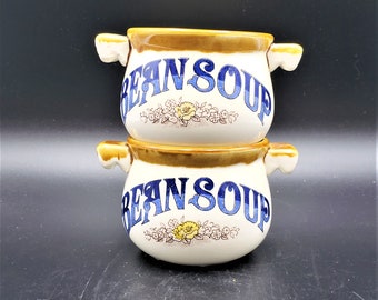 Vintage Pottery Bean Soup Bowls Mugs Cups Double Handle set of 2