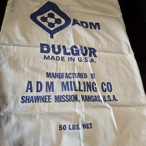 ADM Mill Company Shawnee Mission KS Bulger Wheat torba wysyłkowa Made In USA 32" Blue Print Canvas