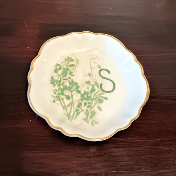 Anthropologie 4"monogram S letter small plate floral green trinket candy jewelry