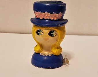 Vintage Handpainted Wooden Pin Cushion Tape Measure Lady in Blue- Sewing Notions