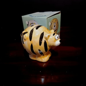 Tiger Cat Coin Piggy Bank Collectible Orange & Black Striped Ceramic 6&quot; Savings