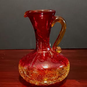 Vintage Blenko Mini Pitcher Amberina Tangerine Crackle Art Glass Cruet ...