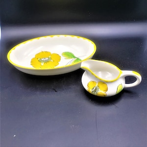 Majolica Hand Painted Poppy  Italian Pottery Creamer & Berry Bowl with Floral Theme MANCIOLI T.101 and 59 Italy Vintage 1960s