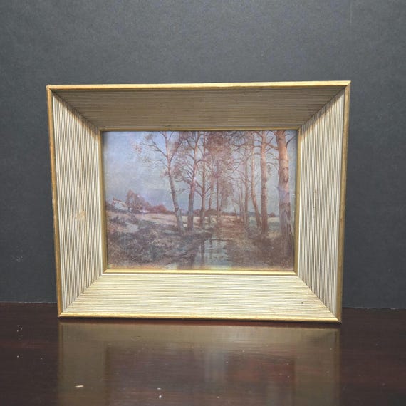 アンティークの油絵、森/森林の風景、川、金枠 - Etsy 日本