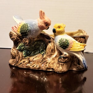 Vintage Ceramic Cockatoo Birds on a Stump Planter