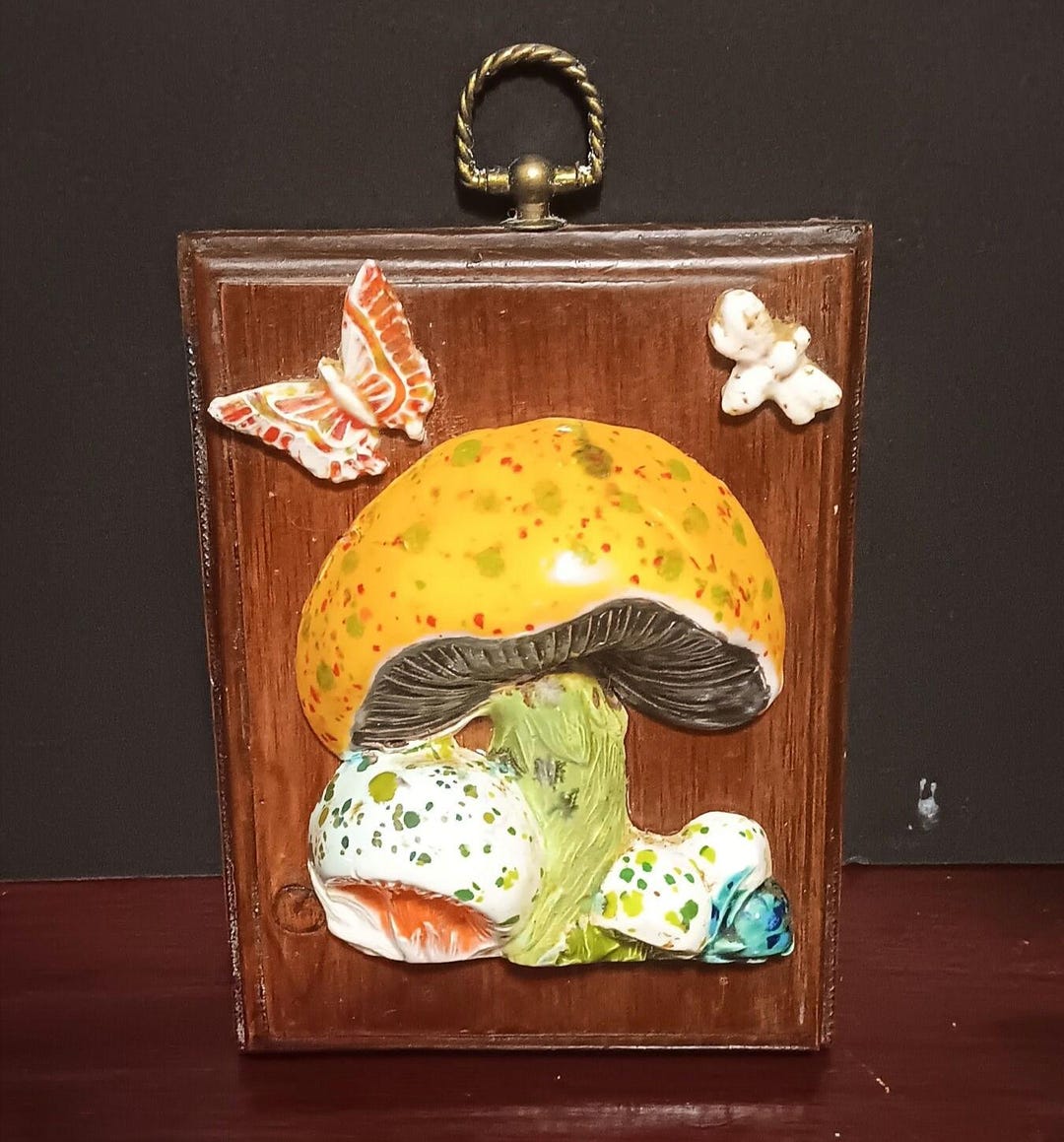 MCM 70s Mushroom Frog Butterfly Ladybug Wood Wall Plaques Hand Painted ...