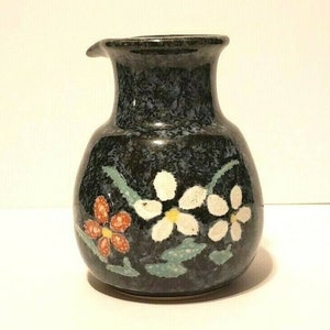 Pottery Bud Vase Pitcher Creamer Spouted Blue Speckled Glaze Etched floral