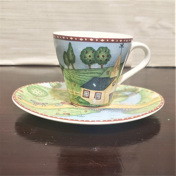 Sango Green Acres Teacups Oval Saucers 4873-20 Country Life 1995 2