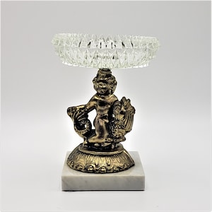 Heavy Cut Diamond Glass Bronze pedestal cherub riding a Fish wave Hollywood Regency MCM Mid Century Bath Vanity Accessory