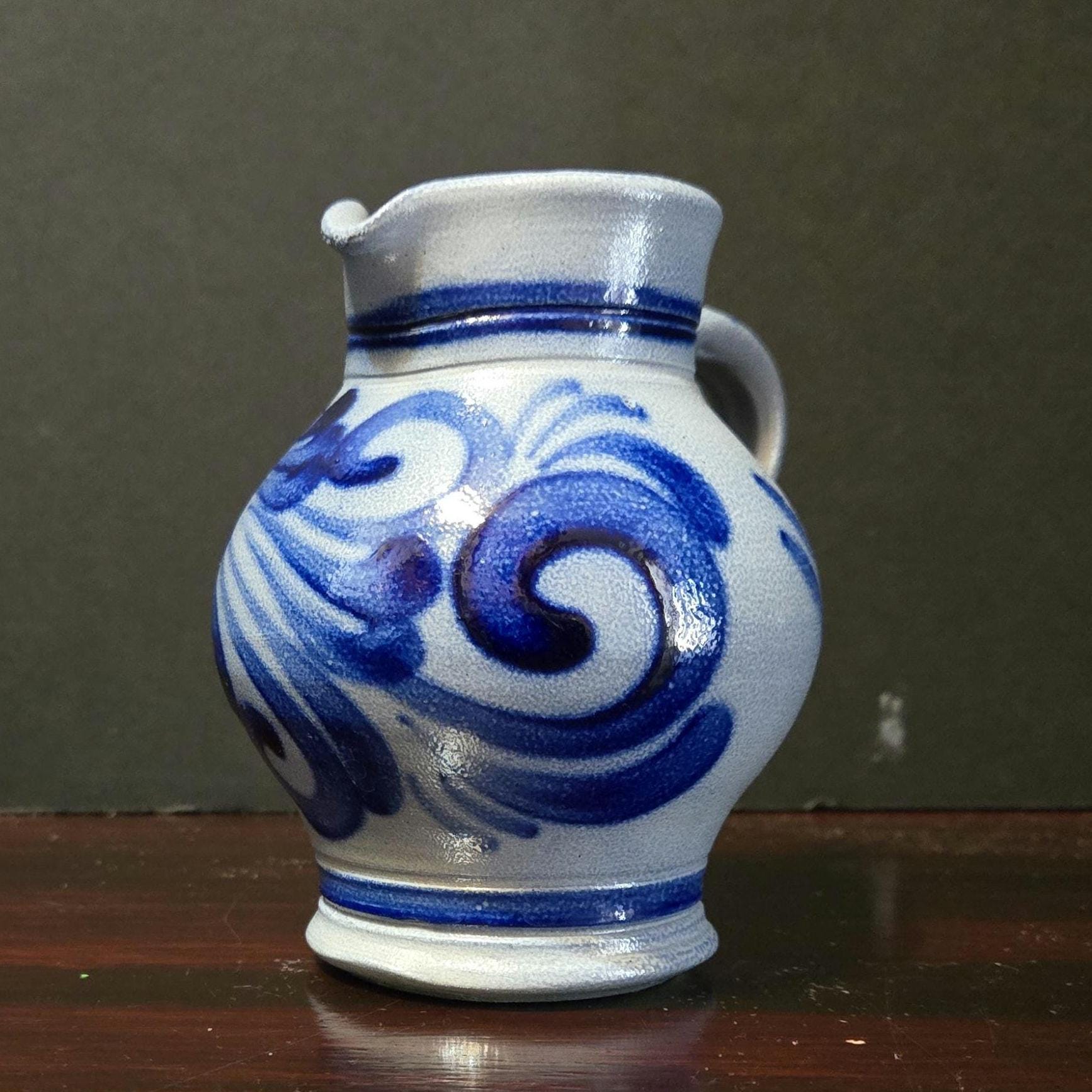 West German Handarbeit Hand Painted Blue Pottery Salt Glazed