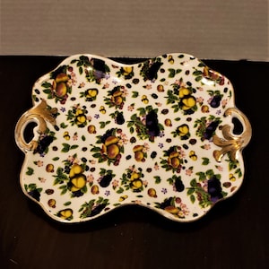 Beautiful hand painted trinket tray - Butter dish- fruit and leaves- Gold leaf handles