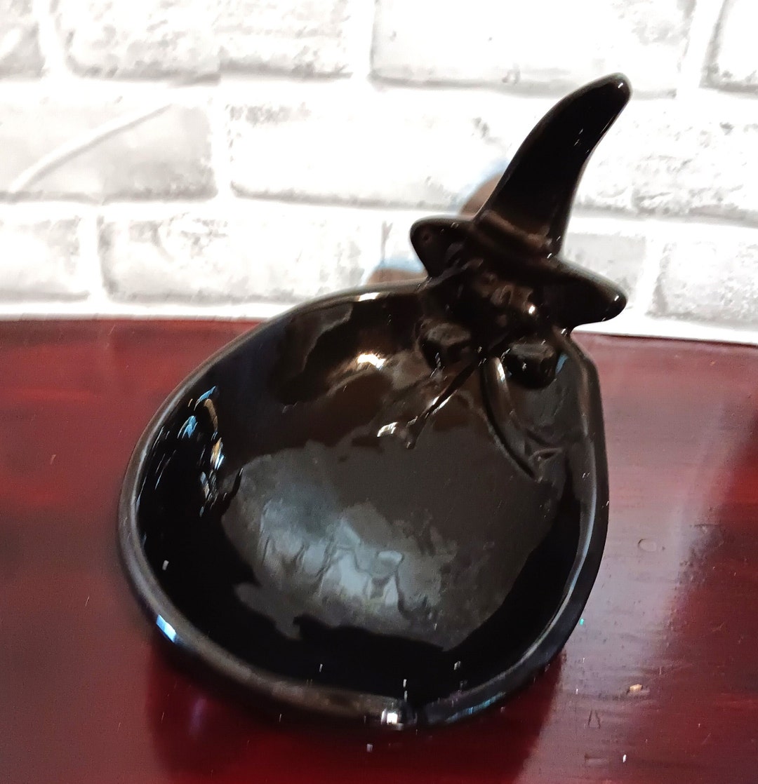 Halloween Witch Black Candy Dish Bowl Bow 10x7 Ceramic Goth Occult
