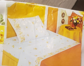 Vintage JC Penney Sin Muselina de hierro Hoja plana de tamaño completo Flores amarillas