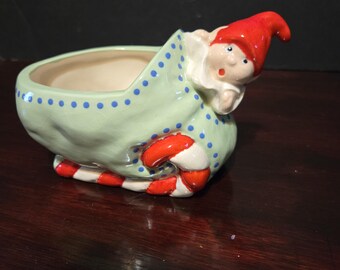 Vintage Gnome Elf Pottery Planter Red Green Christmas Colors Decor Handcrafted