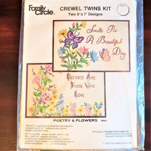 Crewel Twins Kit Poetry & Flowers M602 Two 5X7 Designs Nos 1974 Family Circle BOHO Bohemian Country Farmhouse