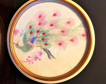 Beautiful Vintage Hand Embroidered Male Peacock Pastels Pink Blue Framed Wall Hanging