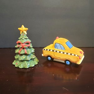 Super Cute SANGO Taxi And Christmas Tree Salt & Pepper. Griswolds, NYC Taxi