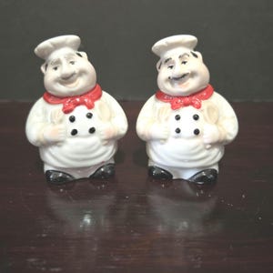 Vintage Fat Chefs Salt Pepper Shakers Set Stoneware 3.5&quot; Italian Mustache