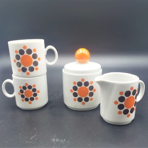 Vintage Mod Bavarian porcelain German Winterling Schwarzenbach 2 Coffee espresso Cups Cream Lidded Sugar Orange Brown 60&#39;s Vintage Rare