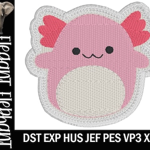 Puede incluir: Parche bordado de un ajolote rosa con branquias rojas, vientre blanco y ojos negros. El ajolote sonríe con un contorno blanco.