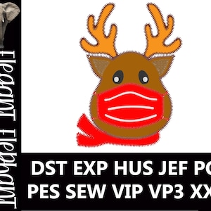 Puede incluir: Diseño bordado de un reno con una máscara facial roja con rayas blancas. El reno tiene pelaje marrón, ojos grandes marrones y cuernos naranjas. El diseño es perfecto para manualidades y proyectos navideños.