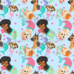 Dog Mermaids Under The Sea Creatures Light Blue Seamless Pattern Files for Fabric Printing Sublimation Design File