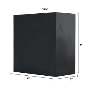 May include: A black rectangular planter with dimensions of 6 inches by 6 inches by 3 inches. The planter has a volume of 55 cubic inches.