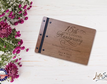 Wedding Guestbook | Personalized Wood Guest Book | Anniversary Party Favors | 15th Wedding Anniversary Decorations | Handcrafted Guestbook
