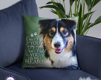 May include: A decorative throw pillow featuring a color portrait of a dog with black, white, and brown fur. The pillow has text that reads "Once I held YOU in my arms, Now I hold YOU in my HEART" and the years 2013-2021. The pillow is on a blue chair.