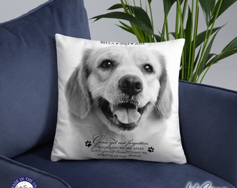 May include: A white memorial pillow with a black and white photo of a golden retriever. The text on the pillow reads "Gone yet not forgotten, although we are apart. Your spirit lives within me forever in my heart."