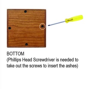 May include: The bottom of a wooden box with four visible screw holes. A yellow Phillips head screwdriver is shown above the box.