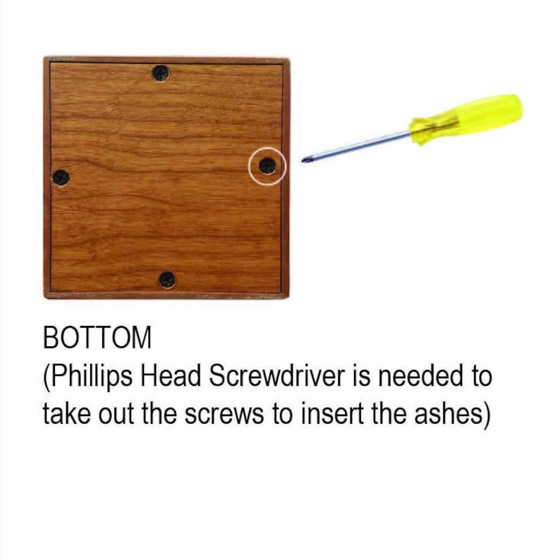 May include: The bottom of a wooden box with four visible screw holes. A yellow Phillips head screwdriver is shown above the box.