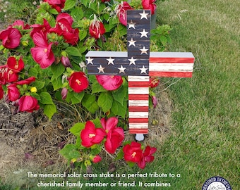 American Flag Garden Stake 4th of July Solar Cross Patriotic Grave Marker Stars And Stripes Cross Garden Gift Solar Light Flag Grave Decor