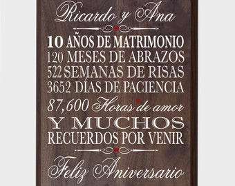 Regalo 10º Aniversario / Placa Aniversario Español / Regalo para Marido / Regalo para Esposa / Regalos en Español / 10º Aniversario de Bodas