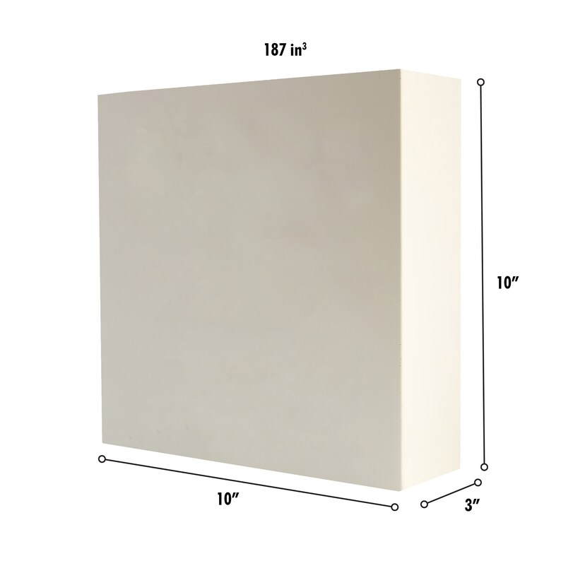 May include: A white rectangular block with dimensions of 10 inches by 10 inches by 3 inches. The block has a volume of 187 cubic inches.