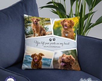 May include: A memorial pillow with a collage of four photos of a brown dog. The pillow has a blue background with the text "You left paw prints on my heart 2012 COOPER 2021".