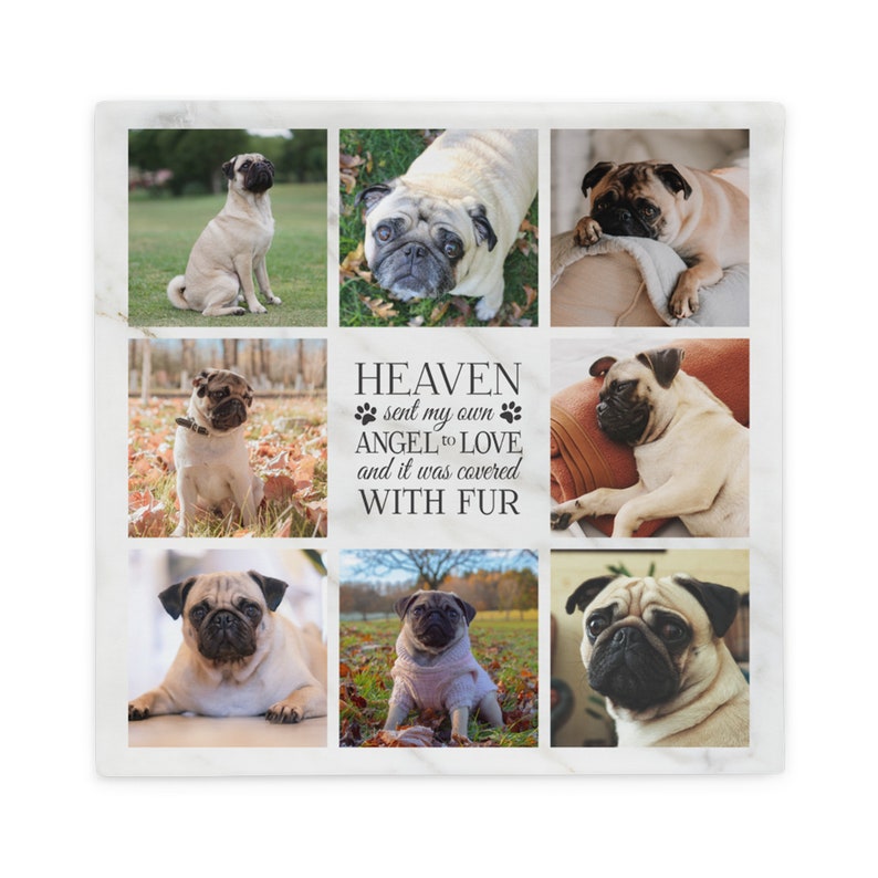 K&ouml;nnte beinhalten: Eine Collage aus Fotos eines Mops mit dem Text "HEAVEN sent my own ANGEL to LOVE and it was covered WITH FUR" auf einem wei&szlig;en Marmorhintergrund.