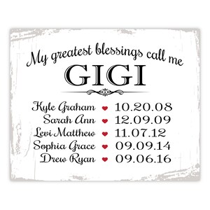 May include: A white sign with black text that reads "My greatest blessings call me GIGI" with a decorative flourish under the name. Below the name are five names and dates, each with a red heart symbol. The names are Kyle Graham, Sarah Ann, Levi Matthew, Sophia Grace, and Drew Ryan. The dates are 10.20.08, 12.09.09, 11.07.12, 09.09.14, and 09.06.16.