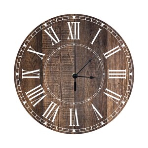 May include: A round wooden clock with Roman numeral markings and black hands. The clock face has a rustic wood grain pattern.