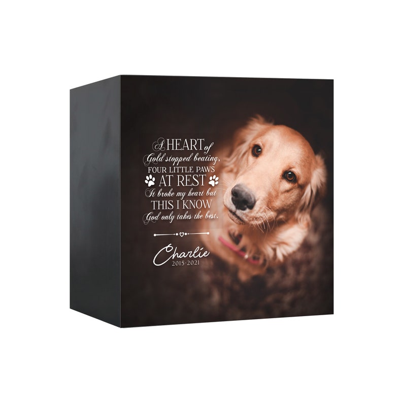 May include: A black rectangular memorial box featuring a photograph of a golden retriever looking upward. The text reads: A HEART of Gold stopped beating, FOUR LITTLE PAWS AT REST. It broke my heart but THIS I KNOW God only takes the best. Charlie 2015-2021.