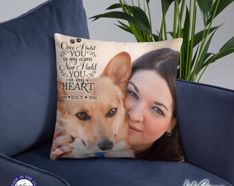 May include: A beige throw pillow with a black and white photo of a dog and a woman. The pillow has black text that reads "Once I held YOU in my arms Now I hold YOU in my HEART 2010 LUCY 2021".