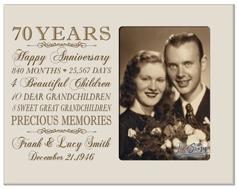 70th Anniversary Gift | Personalized 70th Wedding Anniversary Picture Frame | Gift for Husband | Gift for Wife | Gift for Parents