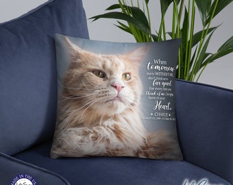 May include: A light blue throw pillow with a photo of a cat and a memorial message that reads "When tomorrow starts WITHOUT ME, don't think we're far apart. For every time you think of me, I'm right here in your Heart. CHARLIE MARCH 20, 2008 - OCTOBER 30, 2021"